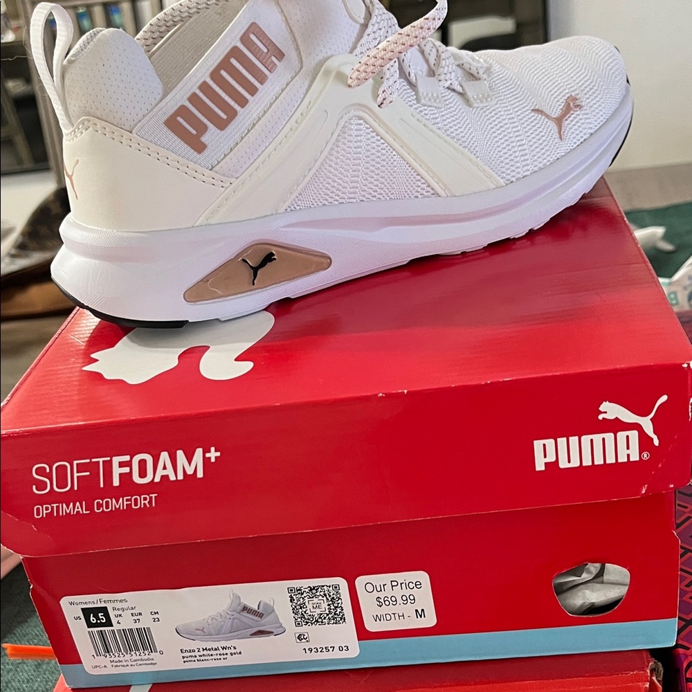 PUMA Kids White and Brown Sneakers
